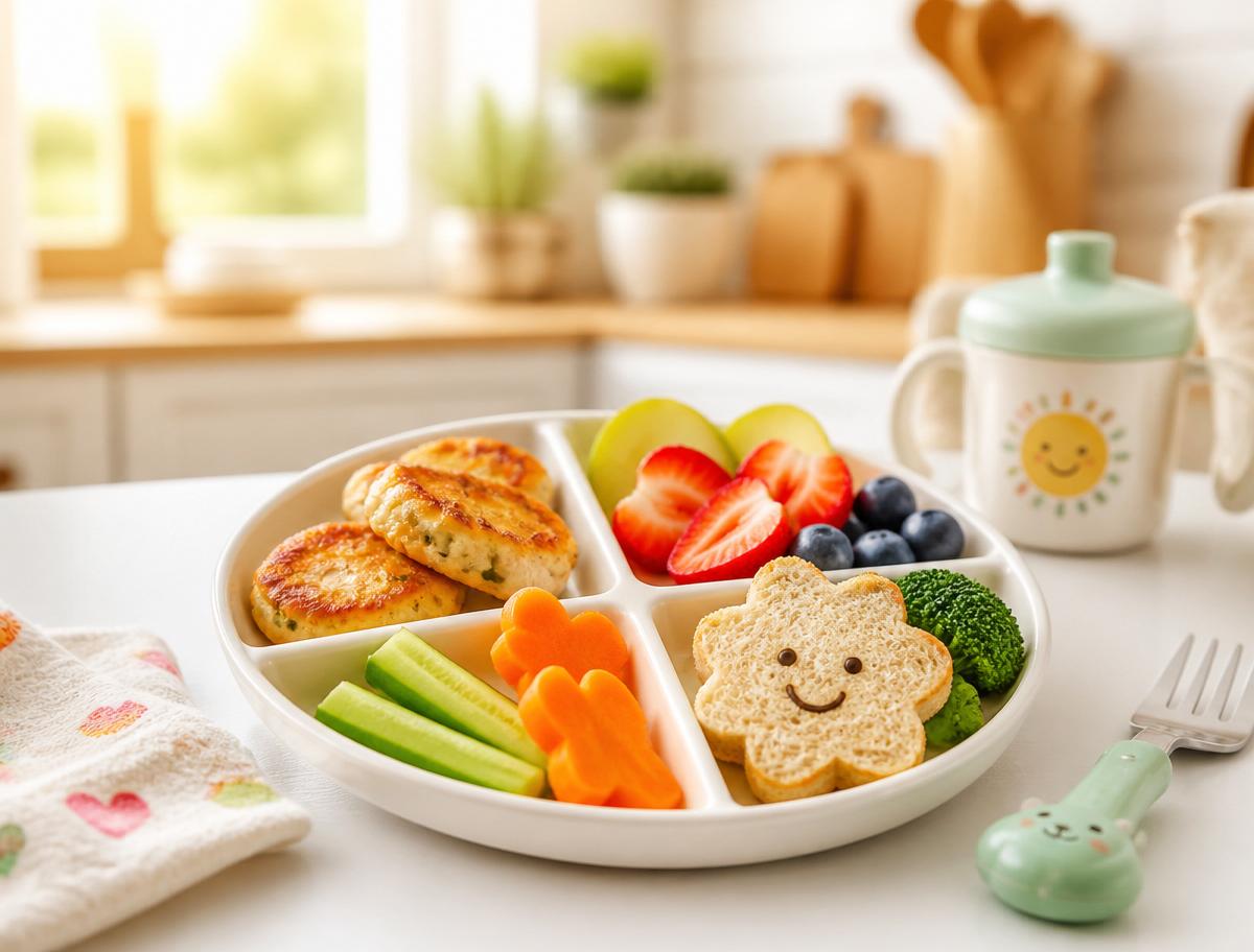 Healthy, colorful kid-friendly meal on a divided plate
